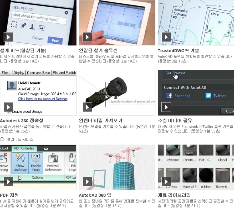 설계 피드(향상된 기능), 연결된 설계 솔루션, TrustedDWG 기술, Autodesk 360 접속성, 인벤터 파일 가져오기, 소셜 미디어 공유, PDF 지원, AutoCAD 360 맵, 재료 라이브러리